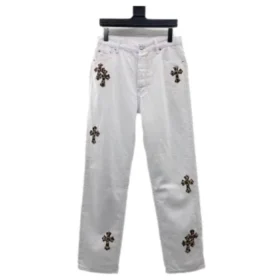 Jeans Chrome Hearts con croce leopardata bianchi