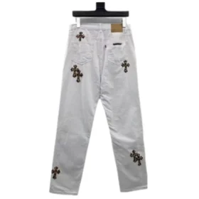 Jeans Chrome Hearts con croce leopardata bianchi