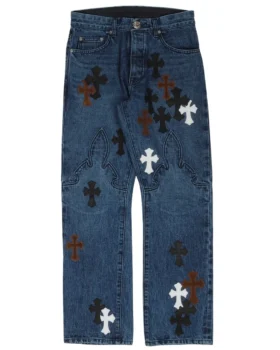 Jeans Chrome Hearts Fleur con Cross Patch sul ginocchio Jeans Chrome Hearts Fleur con Cross Patch sul ginocchio