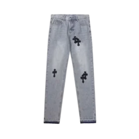 Jeans in pelle con croce dipinta a mano Chrome Hearts